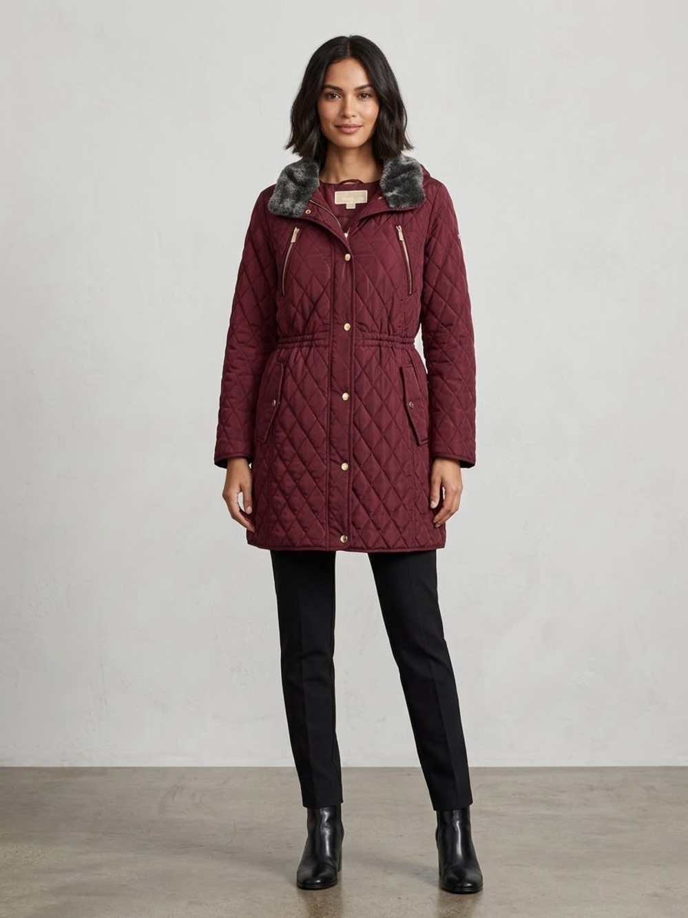 Heavy Michael Kors Quilted Trench Coat with Faux Fur Collar - Burgundy